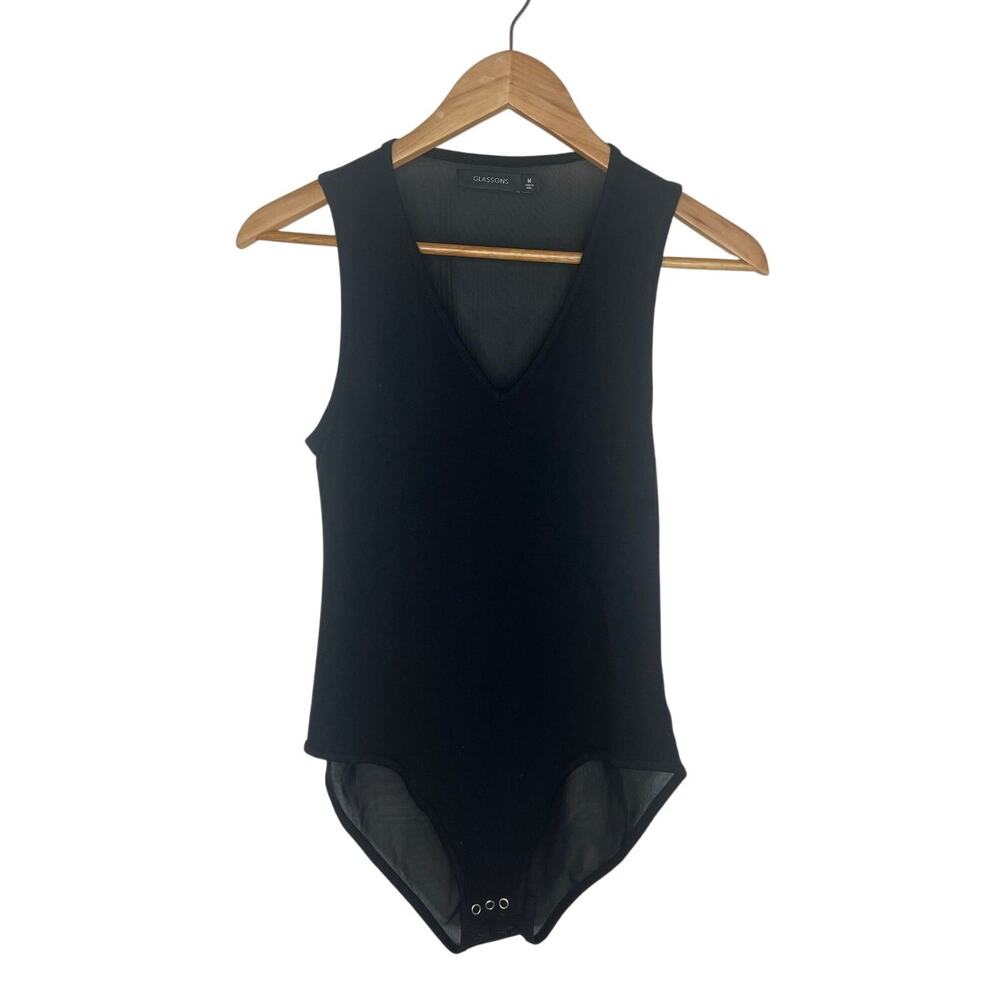 Glassons Women's Black V-Neck Sleek Bodysuit Semi-Sheer Night Out Size Medium
